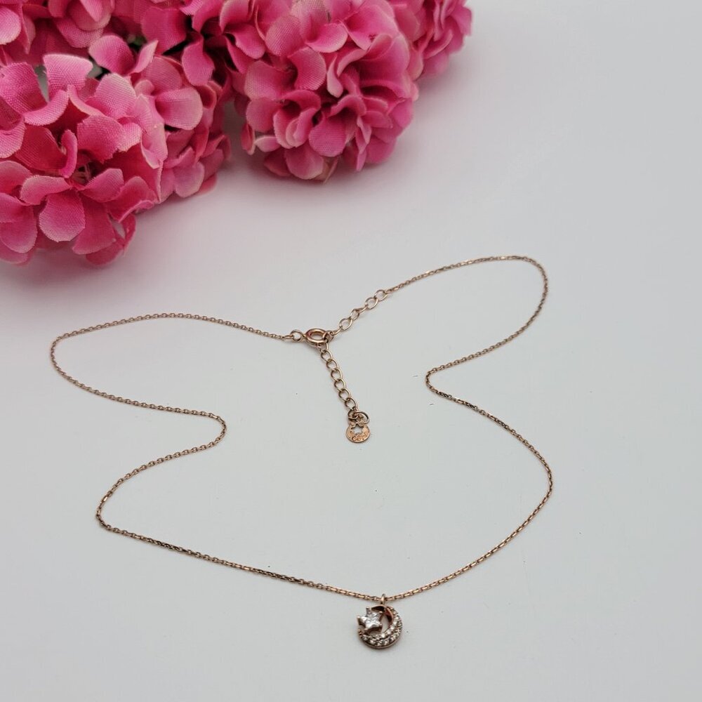 Vintage Rose Gold Vermeil Sterling Silver Moon Star CZ Pendant Necklace 18" Adj.